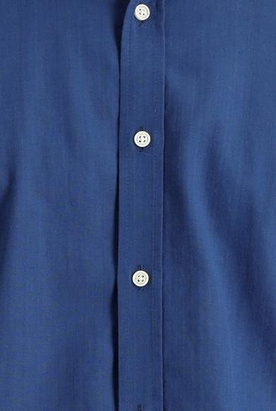 Erkek Giyim - ORTA LACİVERT 4X Beden Uzun Kol Regular Fit Keten Görünümlü Pamuk Spor Gömlek