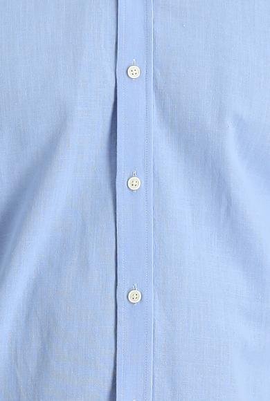 Erkek Giyim - MAVİ M Beden Uzun Kol Regular Fit Keten Görünümlü Pamuk Spor Gömlek