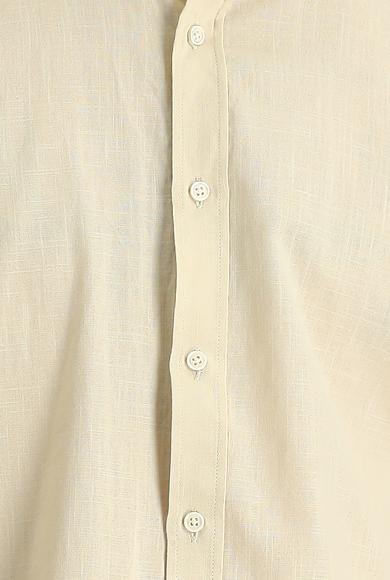 Erkek Giyim - AÇIK BEJ 3X Beden Uzun Kol Regular Fit Keten Görünümlü Pamuk Spor Gömlek