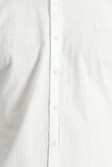 Erkek Giyim - BEYAZ 4X Beden Uzun Kol Regular Fit Keten Görünümlü Pamuk Spor Gömlek