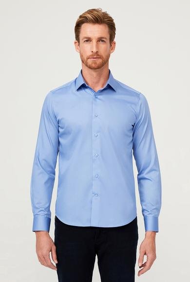 Erkek Giyim - AQUA MAVİSİ M Beden Uzun Kol Slim Fit Dar Kesim Non Iron Saten Klasik Pamuklu Gömlek