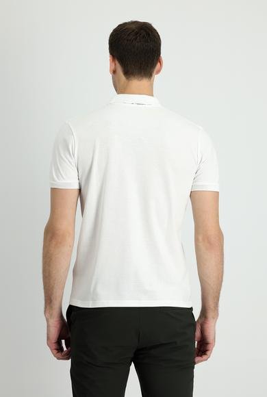 Erkek Giyim - KIRIK BEYAZ 3X Beden Polo Yaka Slim Fit Dar Kesim Baskılı Pamuk Tişört