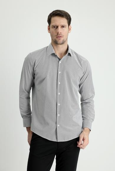 Erkek Giyim - SİYAH L Beden Uzun Kol Slim Fit Dar Kesim Çizgili Pamuklu Gömlek