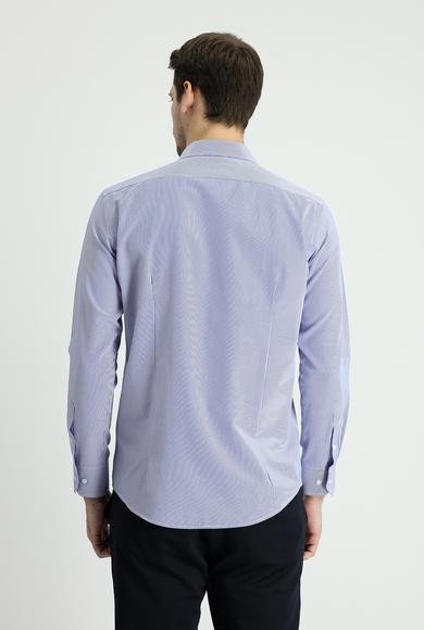 Erkek Giyim - SAKS MAVİ L Beden Uzun Kol Slim Fit Dar Kesim Çizgili Pamuklu Gömlek