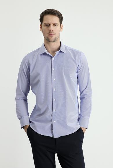 Erkek Giyim - SAKS MAVİ L Beden Uzun Kol Slim Fit Dar Kesim Çizgili Pamuklu Gömlek