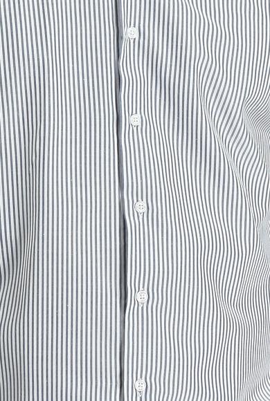 Erkek Giyim - ORTA LACİVERT M Beden Uzun Kol Slim Fit Dar Kesim Çizgili Pamuklu Gömlek