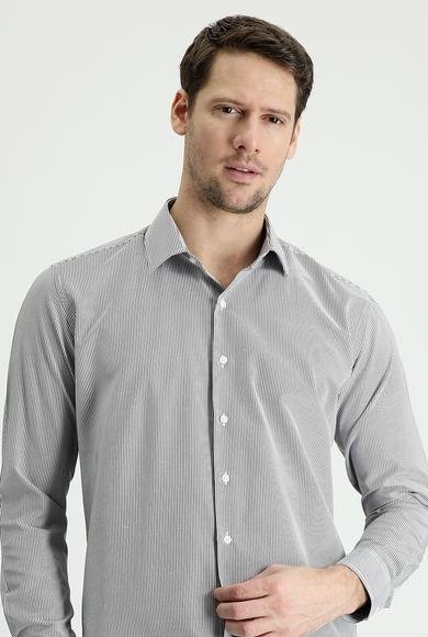 Erkek Giyim - SİYAH L Beden Uzun Kol Slim Fit Dar Kesim Çizgili Pamuklu Gömlek