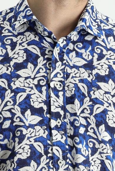 Erkek Giyim - SAKS MAVİ S Beden Uzun Kol Slim Fit Dar Kesim Baskılı Pamuk Gömlek