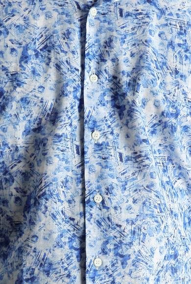 Erkek Giyim - Mavi S Beden Uzun Kol Slim Fit Dar Kesim Baskılı Pamuk Gömlek