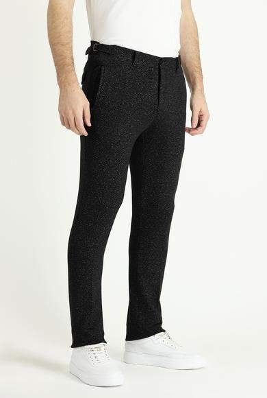 Erkek Giyim - SİYAH 48 Beden Super Slim Fit Ekstra Dar Kesim Desenli Likralı Kanvas / Chino Pantolon