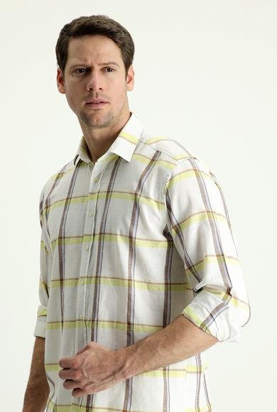 Erkek Giyim - KOYU YEŞİL XL Beden Uzun Kol Regular Fit Ekose Pamuklu Keten Gömlek