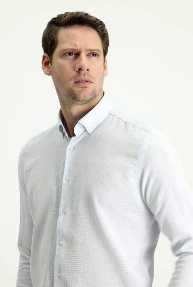 Erkek Giyim - UÇUK MAVİ XXL Beden Uzun Kol Slim Fit Dar Kesim Keten Görünümlü Pamuk Spor Gömlek
