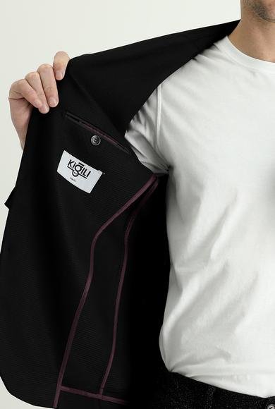 Erkek Giyim - SİYAH 54 Beden Slim Fit Dar Kesim Desenli Spor Ceket