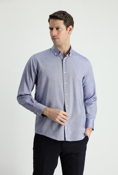 Erkek Giyim - KOYU LACİVERT M Beden Uzun Kol Regular Fit Oxford Pamuk Gömlek