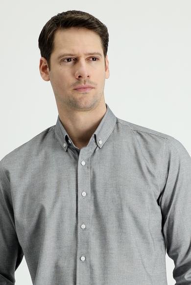 Erkek Giyim - SİYAH XXL Beden Uzun Kol Slim Fit Dar Kesim Oxford Pamuk Gömlek