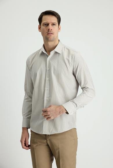 Erkek Giyim - AÇIK BEJ S Beden Uzun Kol Slim Fit Dar Kesim Çizgili Pamuklu Gömlek