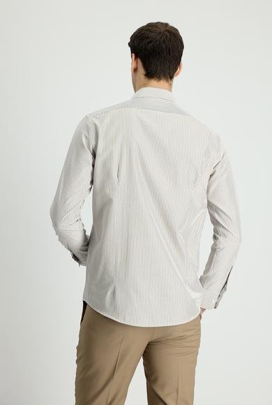 Erkek Giyim - AÇIK BEJ S Beden Uzun Kol Slim Fit Dar Kesim Çizgili Pamuklu Gömlek