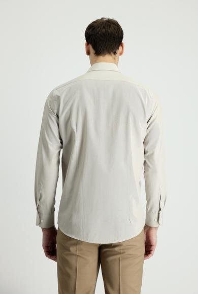 Erkek Giyim - ORTA BEJ S Beden Uzun Kol Slim Fit Dar Kesim Klasik Çizgili Pamuklu Gömlek