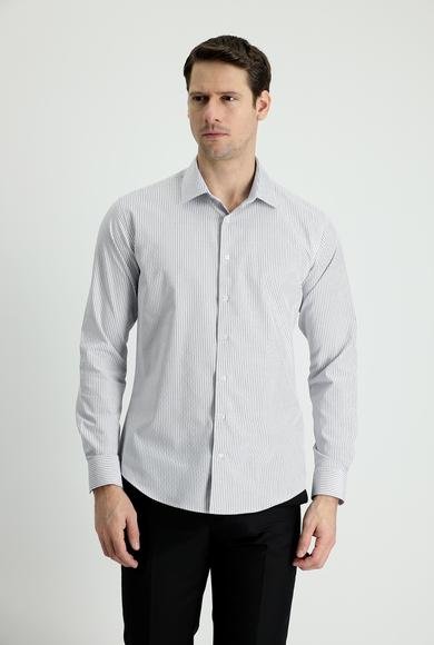 Erkek Giyim - ORTA GRİ 3X Beden Uzun Kol Slim Fit Dar Kesim Çizgili Gömlek