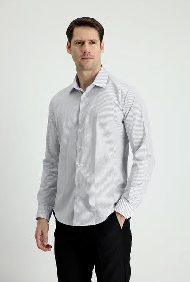 Erkek Giyim - ORTA GRİ 3X Beden Uzun Kol Slim Fit Dar Kesim Çizgili Gömlek