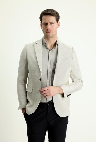 Erkek Giyim - KREM 52 Beden Slim Fit Dar Kesim Klasik Desenli Keten Ceket