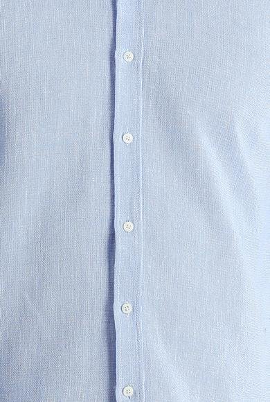 Erkek Giyim - AÇIK MAVİ M Beden Uzun Kol Slim Fit Dar Kesim Keten Görünümlü Pamuk Spor Gömlek