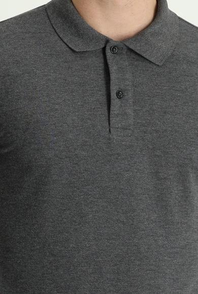 Erkek Giyim - KOYU ANTRASİT XXL Beden Polo Yaka Slim Fit Dar Kesim Nakışlı Tişört Pamuklu