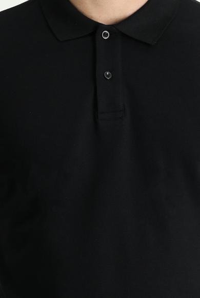 Erkek Giyim - SİYAH XXL Beden Polo Yaka Slim Fit Dar Kesim Nakışlı Pamuk Tişört