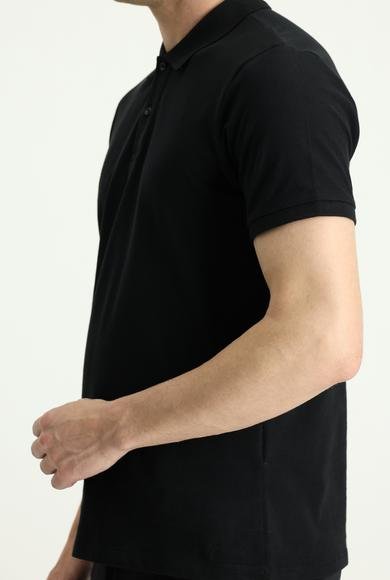 Erkek Giyim - SİYAH XXL Beden Polo Yaka Slim Fit Dar Kesim Nakışlı Pamuk Tişört