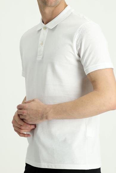 Erkek Giyim - BEYAZ XXL Beden Polo Yaka Slim Fit Dar Kesim Nakışlı Pamuk Tişört