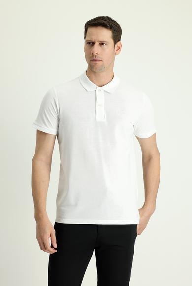 Erkek Giyim - BEYAZ XXL Beden Polo Yaka Slim Fit Dar Kesim Nakışlı Pamuk Tişört