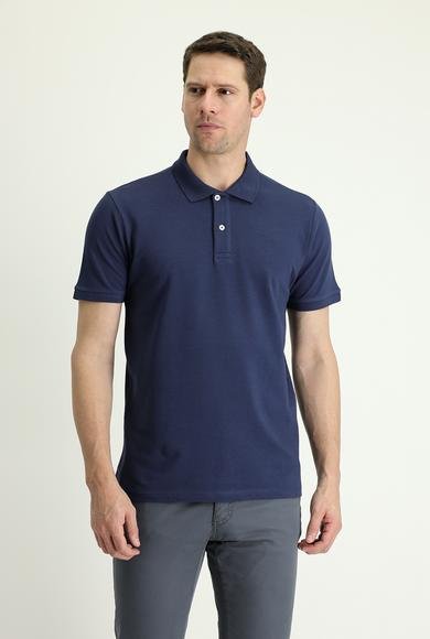 Erkek Giyim - ORTA LACİVERT XL Beden Polo Yaka Slim Fit Dar Kesim Nakışlı Pamuk Tişört