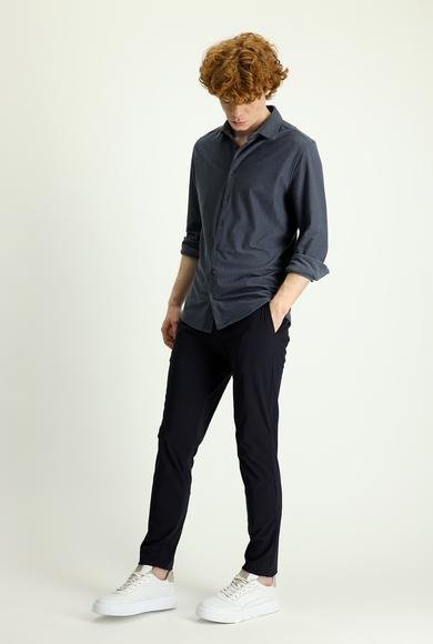 Erkek Giyim - KOYU LACİVERT 54 Beden Techno-Line Slim Fit Dar Kesim Beli Lastikli İpli Likralı Klasik Kumaş Pantolon