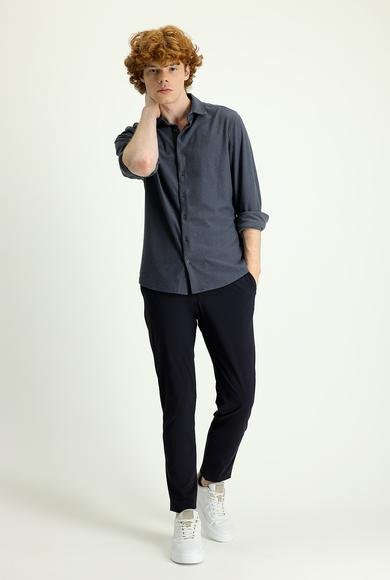 Erkek Giyim - KOYU LACİVERT 54 Beden Techno-Line Slim Fit Dar Kesim Beli Lastikli İpli Likralı Klasik Kumaş Pantolon