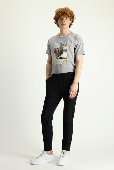 Erkek Giyim - SİYAH 54 Beden Techno-Line Slim Fit Dar Kesim Beli Lastikli İpli Likralı Klasik Kumaş Pantolon