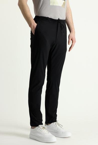 Erkek Giyim - SİYAH 54 Beden Techno-Line Slim Fit Dar Kesim Beli Lastikli İpli Likralı Klasik Kumaş Pantolon