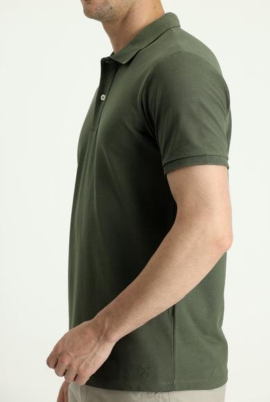Erkek Giyim - ORTA HAKİ XXL Beden Polo Yaka Slim Fit Dar Kesim Nakışlı Pamuk Tişört