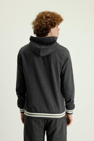 Erkek Giyim - ORTA GRİ L Beden Kapüşonlu Slim Fit Dar Kesim Baskılı Pamuklu Sweatshirt
