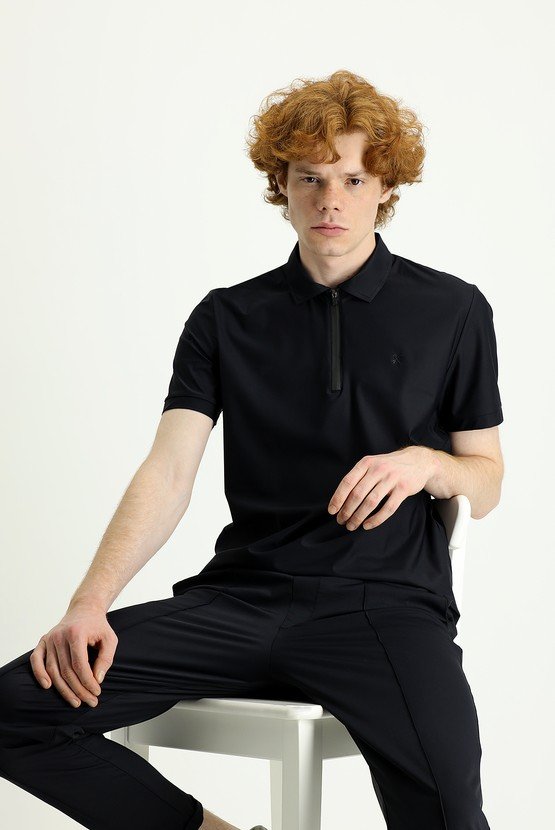 Erkek Giyim - Techno-Line Polo Yaka Slim Fit Dar Kesim Fermuarlı Tişört