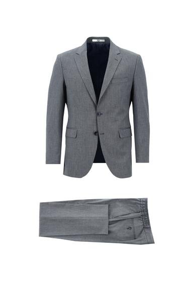 Erkek Giyim - KOYU MAVİ 46 Beden Slim Fit Dar Kesim Beli Lastikli İpli Desenli Takım Elbise