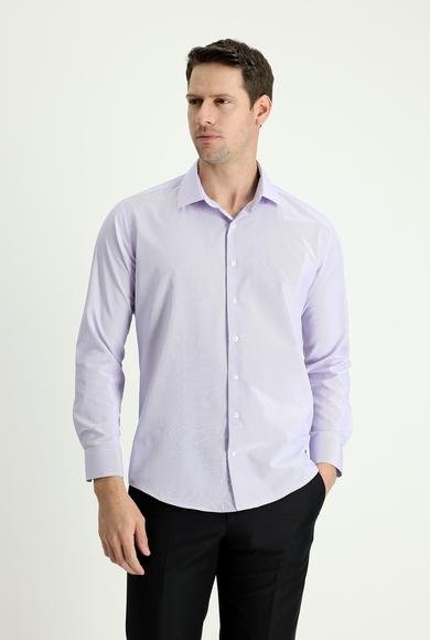 Erkek Giyim - LİLA L Beden Uzun Kol Slim Fit Dar Kesim Klasik Çizgili Pamuklu Gömlek