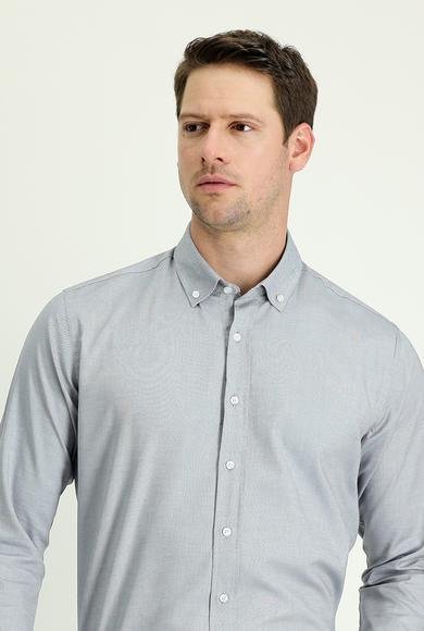 Erkek Giyim - ORTA GRİ M Beden Uzun Kol Slim Fit Dar Kesim Oxford Pamuk Gömlek