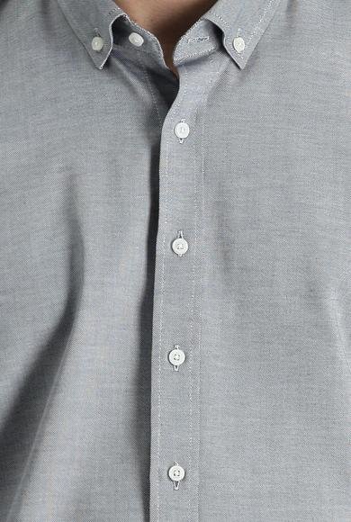Erkek Giyim - ORTA LACİVERT L Beden Uzun Kol Slim Fit Dar Kesim Oxford Pamuk Gömlek