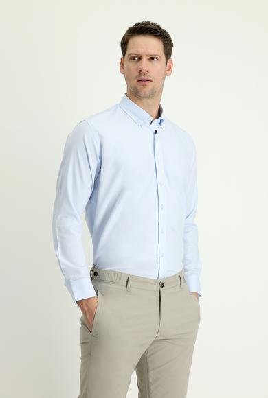 Erkek Giyim - UÇUK MAVİ XXL Beden Uzun Kol Slim Fit Dar Kesim Oxford Pamuk Gömlek