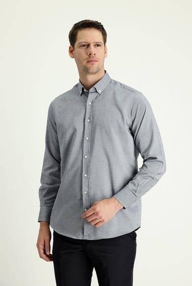 Erkek Giyim - ORTA LACİVERT M Beden Uzun Kol Regular Fit Oxford Pamuk Gömlek