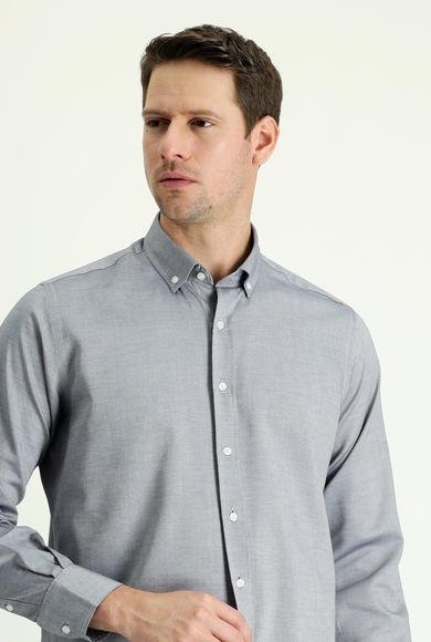 Erkek Giyim - ORTA LACİVERT M Beden Uzun Kol Regular Fit Oxford Pamuk Gömlek