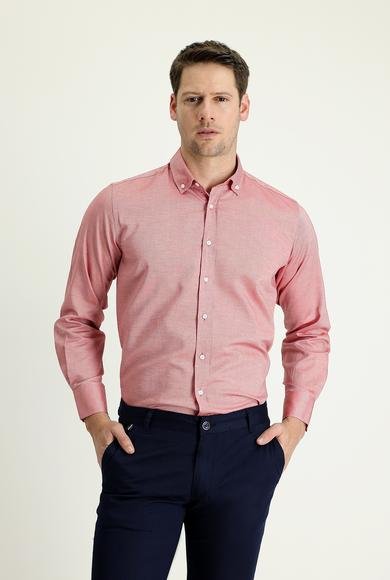 Erkek Giyim - AÇIK KIRMIZI M Beden Uzun Kol Regular Fit Oxford Pamuk Gömlek
