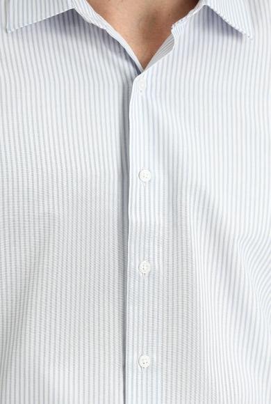 Erkek Giyim - ORTA GRİ XXL Beden Uzun Kol Slim Fit Dar Kesim Çizgili Pamuklu Gömlek