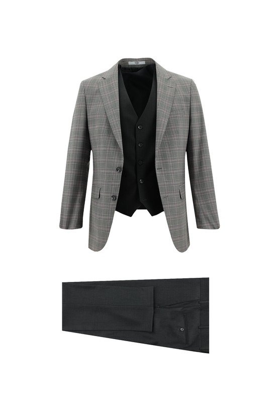 Erkek Giyim - Regular Fit Yünlü Kombinli Yelekli Takım Elbise