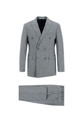 Slim Fit Dar Kesim Kruvaze Beli Lastikli İpli Çizgili Keten Takım Elbise